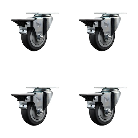 Service Caster 3.5'' Thermo Rubber Wheel Swivel Top Plate Caster Set with Posi Brake, 4PK SCC-20S3514-TPRB-PLB-4
